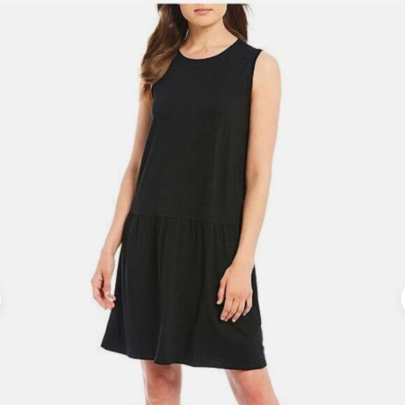 Eileen Fisher BLACK Tencel Jersey Drop Waist Mini Dress - Picture 1 of 9